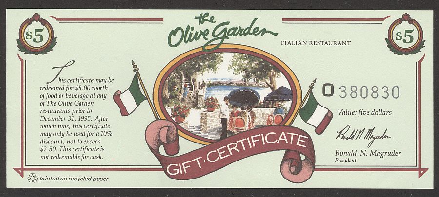 Olive Garden $5 Gift Certificate circa 1990's